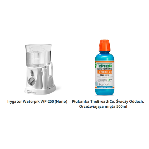 Zestaw Irygator Waterpik WP-250 (Nano)+ Płukanka TheBreathCo. Świeży Oddech, Orzeźwiająca mięta 500ml